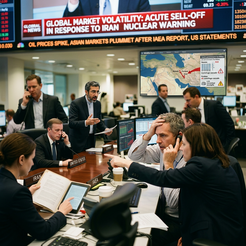 Group of professionals in a crisis room discussing Iran nuclear warning with multiple monitors and live news ticker